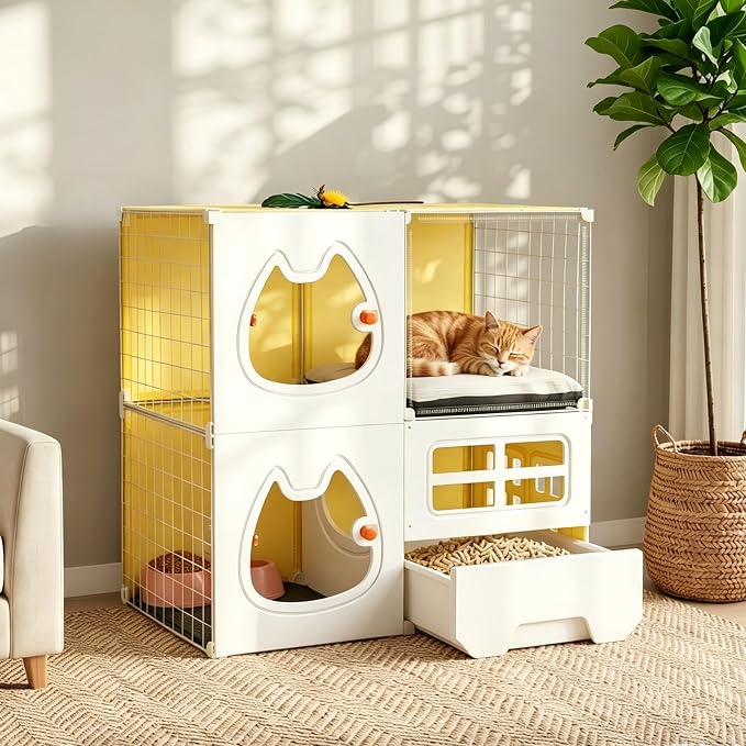 Cat Cage with Litter Box & Clear Door,Indoor Cat Cage Playpen,DIY Cat Enclosures Catio,Multi-Level Detachable Metal,Ferret Cage 28" x 18" x 28"