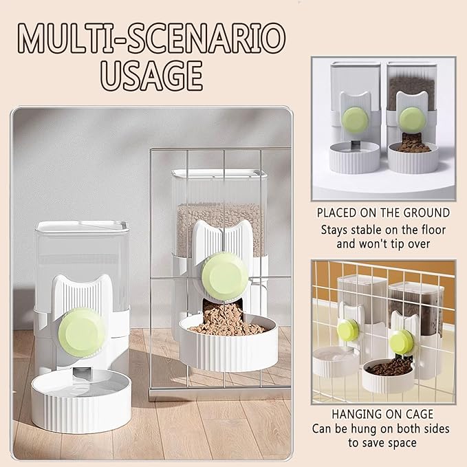 kathson Hanging Automatic Pet Food and Water Dispenser,Gravity Auto Rabbit Feeder for Cage,Guinea Pig Feeder and Waterer Set,Cat Food Bowl Dog Feeding Station for Bunny,Ferret,Chinchilla (Green)