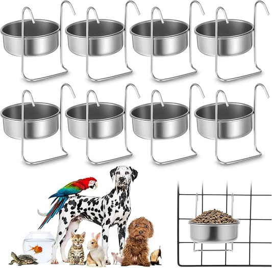 8 Pcs Stainless Steel Hanging Pet Bowl, 10 oz Kennel Food and Water Dish Feeder Coop Cup with Hook for Dog Crate, Cat, Rabbit Birds Chicken Cage No Spill