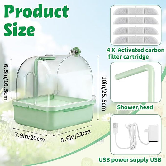 Maxdot Automatic Bird Baths for Cage Parakeet Bath with Pump Indoor Parrot Bathtub with Shower Running Water, Motion Sensor, Filter for Pet Birds Budgies Lovebirds Finches Cockatiels Cockatoos, Green