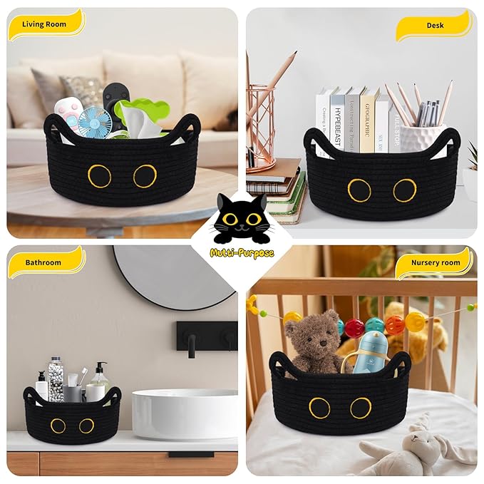 Black Cat Toy Basket for Nursery, Small Cute Cat Oval Woven Cotton Rope Blanket Storage Basket, Baby Shower Blanket Hamper 0rganize Box with Handles,Gifts Empty Storage Cat Bin,12"D x 5"H in
