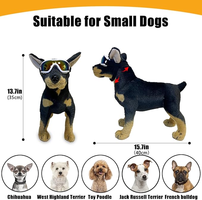 Dog Goggles Small Breed Dog Sunglasses with Adjustable for UV Protection Eyewear Doggy Doggie Puppy Glasses Anti-Fog Wind Dust Snowproof (White Frame Black Lens)