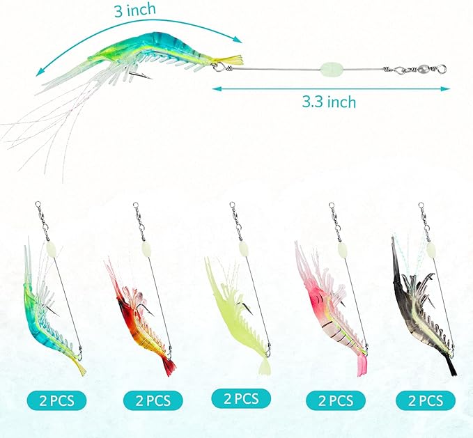 10PCS Saltwater Fishing Lures Shrimp Baits Set, Premium Soft Shrimp Fishing Tackle with Luminous Sharp Hooks, for Freshwater and Saltwater - Syosisny