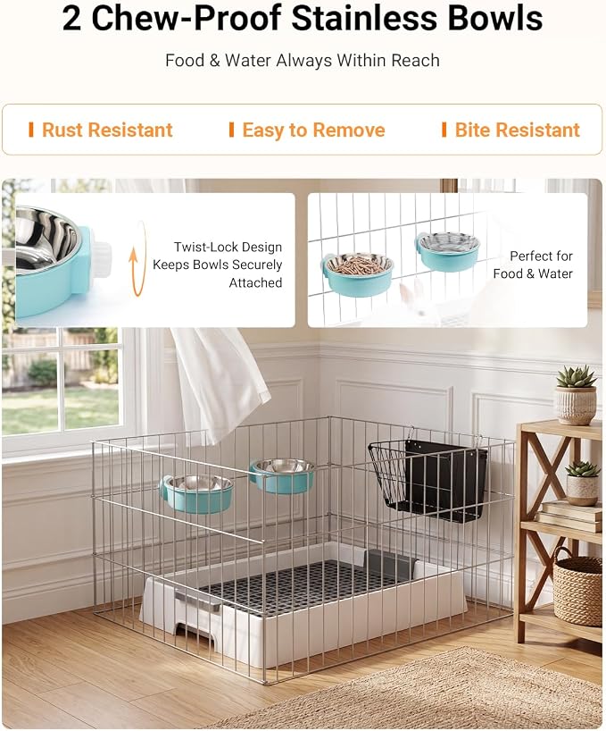 4-in-1 Rabbit Litter Box & Hay Feeder for Bunny and Guinea Pig, Upgraded Bunny Litter Box with 2 Stainless Bowls, Dustpan & Broom – Rabbit & Guinea Pig Accessories