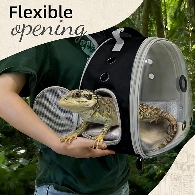 Bearded Dragon Travel Backpack Carrier with Reptile Thermometer and Humidity Gauge Lizard Travel Cage Space Capsule Clear Bubble Window Astronaut Reptile Bag for Ball Python (Black, BE Backpack)