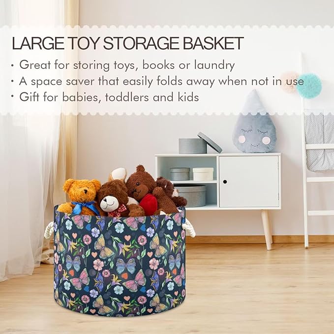 Butterfly Print Round Storage Basket Summer Colorful Butterfly Flowers Large Laundry Hamper 20 x 20 x 14 Inches Organizer Bin with Handles Clothes Storage Bag for Nursery Bedroom Living Room Decor