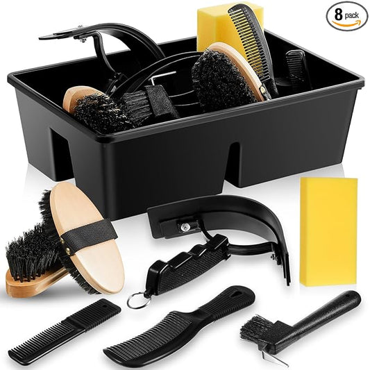 8 Pc Horse Grooming Kit - Includes Grooming Box, Face & Body Brush, Sweat Scraper, Hoof Pick, Mane & Tail Comb, Bathing Sponge - Gift for Horse Riders & Beginners