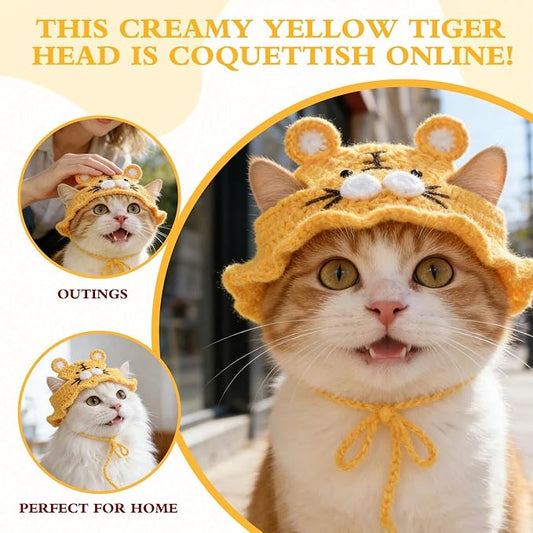Tiger Cat Hat, Cotton & Soft Cute Knitted Hats for Cats Birthday Party Spring Puppy Hat for Small Pets (Yellow, M)