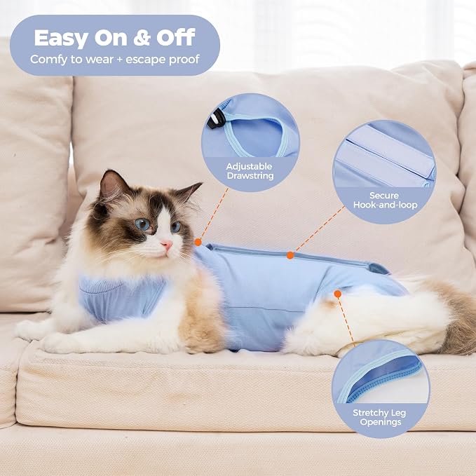 Avont Cat Recovery Sui,Post-Surgery Protective Vest Blue M | Breathable & comfortable cat onesie for cats after surgery female. Soft alternative to cone. Machine washable.