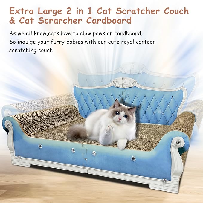 Luxury Cardboard Cat Scratcher Sofa Bed, Couch Shaped Scratching Board, Scratch Lounge with Catnip, Cat Scratcher for Indoor Cats Large Blue 25.4" L