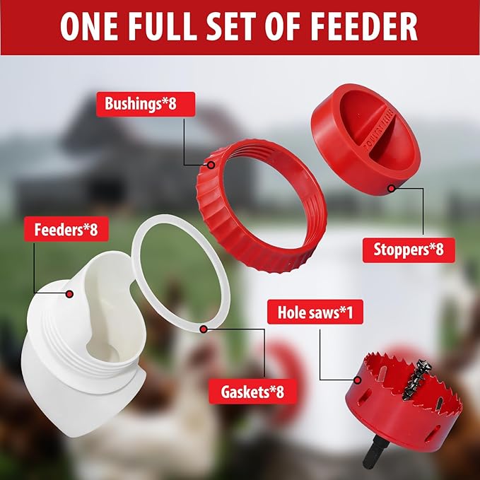 8PACK No Waste Chicken Feeder Ports - DIY Chicken Feeder Kit with Hole Saw - Chicken Feeder Cups for Bucket,Barrels,Bins,Troughs
