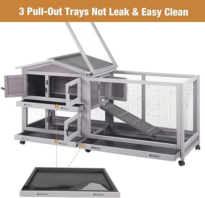 Bunny Cage Indoor and Outdoor Rabbit Hutch with Casters Waterproof Roof, Pull Out Tray from Back and Front 61.2" L x 22.6" W x 33.5" H
