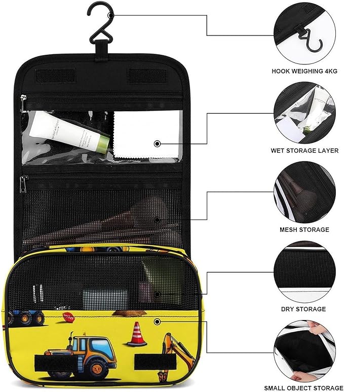 Travel Toiletry Bag Hanging Hook Toiletry Bag Cute Truck Construction Essentials for Women & Men Makeup Bags