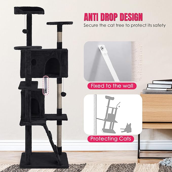 PayLessHere Cat Tree 70in Cat Tower with Cat Scratching Post,Multi-Level Cat Condo Stand House Furniture Kitty Activity Center with Furry Ball Toys Cat Tree for Indoor Cats,Dark Gray