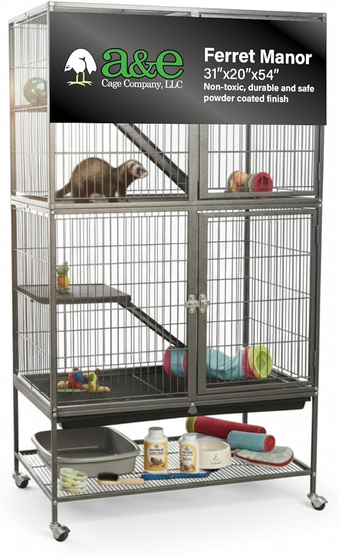 A&E Cage Co AE7004 Ferret Manor Cage – Two Story Ferret Habitat 31"x20"x54" with Platforms, Ramps & Hammock – Rolling Ferret Cage with Storage Shelf & Double Locking Doors