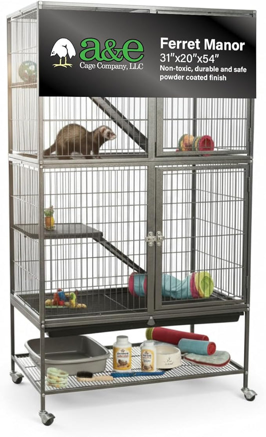 A&E Cage Co AE7004 Ferret Manor Cage – Two Story Ferret Habitat 31"x20"x54" with Platforms, Ramps & Hammock – Rolling Ferret Cage with Storage Shelf & Double Locking Doors