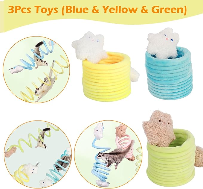 Sugar Glider Toys, Elastic Sugar Glider Climbing Ropes, Hanging Sugar Cage Accessories, Rat Enrichment Climbing Toys, Soft Touch Small Pet Swing Toy (3pcs Green & Blue & Yellow)