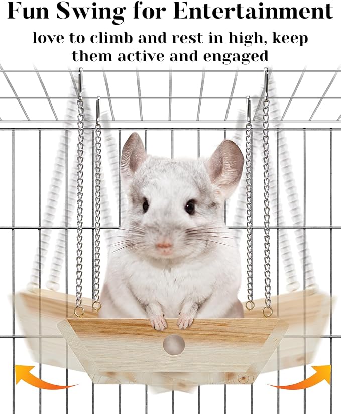 Natural Wood Chinchilla Hammock for Cage Swing, Chinchilla Bed Hanging, Wooden Chinchilla Toys and Cage Accessories, Chinchilla House Hut Ledges And Platforms Enrichement, Indoor Chinchilla Habitat