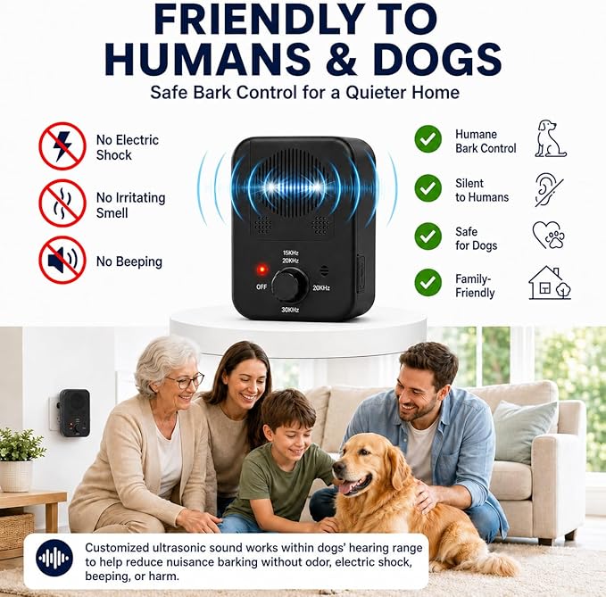 Dog Bark Deterrent Device, Automatic Ultrasonic Anti Barking Device with Long Range 50FT, Rechargeable Bark Control Box with 3 Adjustable Modes, Safe & Humane Dog Silencer for Indoor & Outdoor