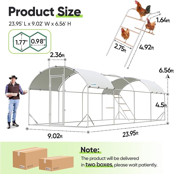 Quictent Essential Series 24x9x6.6ft Metal Chicken Coop Run with Climbing Ladder, Walk-in Outdoor Poultry Cage with PVC Coated Chicken Wire, Hen Duck Rabbit Farm House, Waterproof Anti-UV Cover