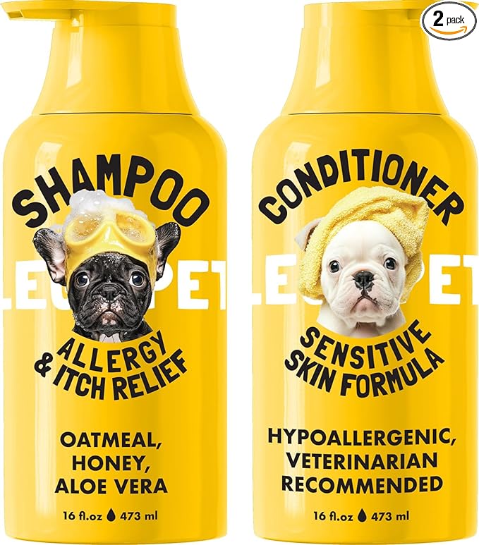LEGITPET Oatmeal Dog Shampoo & Conditioner Itch & Allergy Relief with Honey & Aloe Hypoallergenic Gentle Calming Formula for Sensitive Skin & Dandruff Safe for Puppies Best for All Breeds 2 x 16oz