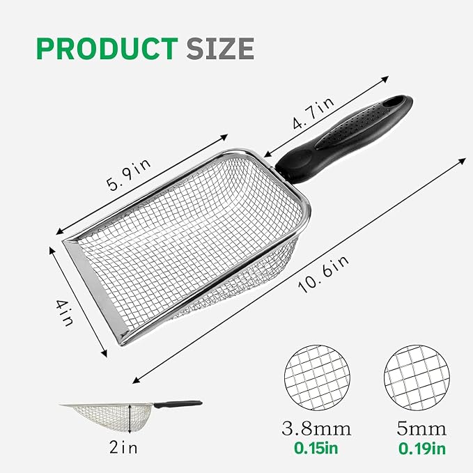 Chicken Poop Scooper 2 Pack with 2 Adhesive Hooks - Stainless Steel Coop Scoop Sifting Shovel with 3.8mm & 5mm Mesh, Metal Litter Sifter for Coop Cleaning, Sand and Poultry Supplies