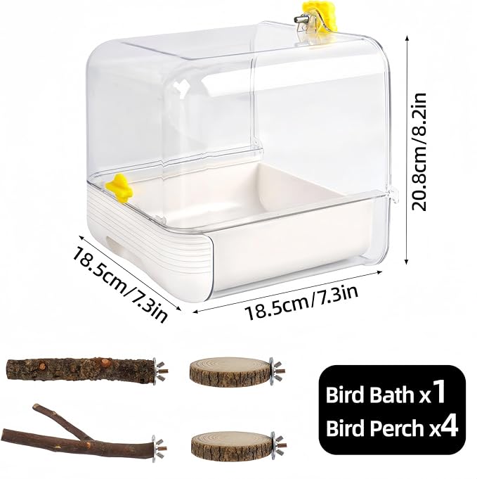 Hanging Bird Bath for Cage, with Wood Perches, Bird Cage Accessories for Small Medium Birds Lovebird, Parakeet, Cockatiel, Essential Bird 7.3" x 7.3" x 8.2" (White)