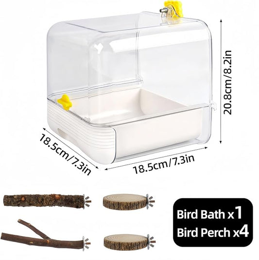 Hanging Bird Bath for Cage, with Wood Perches, Bird Cage Accessories for Small Medium Birds Lovebird, Parakeet, Cockatiel, Essential Bird 7.3" x 7.3" x 8.2" (White)