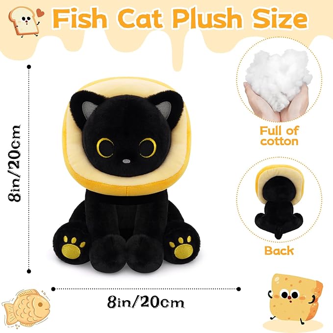 Black Cat Plush - 8inches Cat Stuffed Animal with Removable Toast Bread Hood, Cute Plushie Soft Kitten Doll Toy for Kids Boys Girls, Birthday Gifts