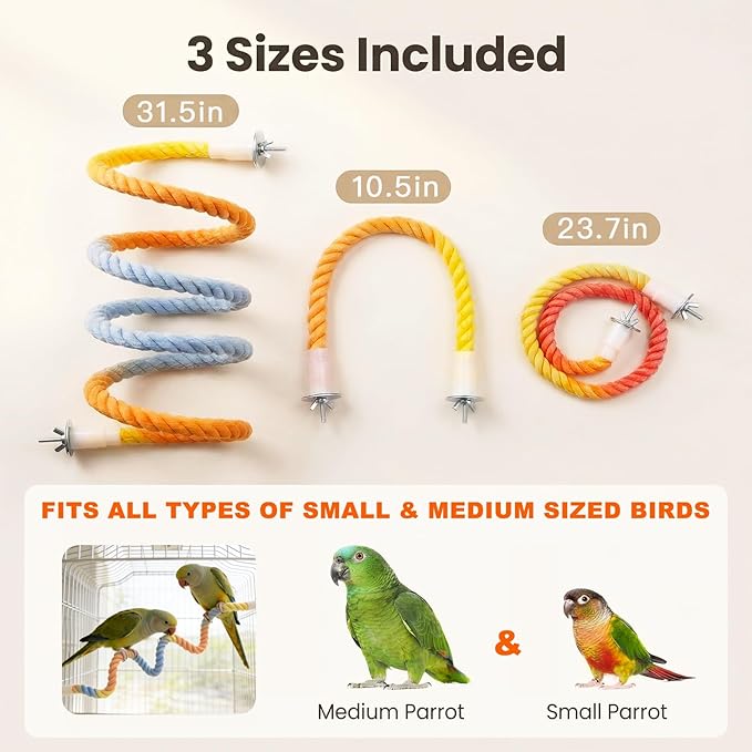 Colorful Flexible Bird Rope Perch for Small & Medium Parrots - Bendable Cotton Rope Parrot Perch Set, 3-Size Perches for Cage, Parakeet, Cockatiel, Lovebird Bird Accessories