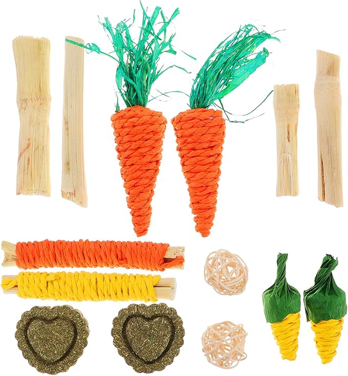 ORFOFE Small Animal Chew Set for Teeth Cleaning, 12pcs Mixed Wooden and Grass Balls Bundle for Rabbits, Hamsters, and Guinea Pigs Oral Care and Biting Play Color Style
