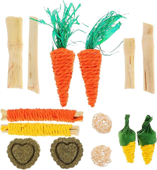 ORFOFE Small Animal Chew Set for Teeth Cleaning, 12pcs Mixed Wooden and Grass Balls Bundle for Rabbits, Hamsters, and Guinea Pigs Oral Care and Biting Play Color Style