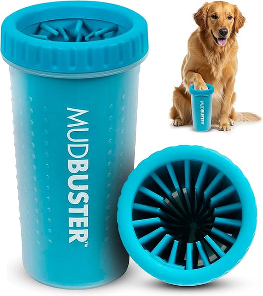 Dexas MudBuster Large Dog Paw Cleaner in Blue - Fits 2.5"-3.5" Wide Paws, Portable Paw Washer for Muddy Paws, Dog Paw Cleaning Cup with Gentle Silicone Bristles, Quick Clean Pet Paw Washer
