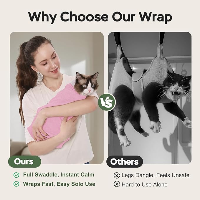 Cat Wrap for Cutting Nails, Self-Adhesive Cat Nail Clipping Restraint Bag, Anti-Scratch Cat Grooming Wrap Swaddle for Meds, SubQ Fluids, Ear Cleaning, Teeth Brushing & Vet Visits,Pink,M