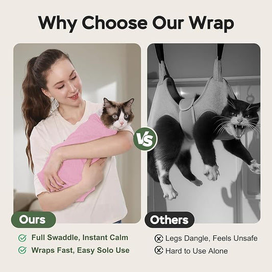 Cat Wrap for Cutting Nails, Self-Adhesive Cat Nail Clipping Restraint Bag, Anti-Scratch Cat Grooming Wrap Swaddle for Meds, SubQ Fluids, Ear Cleaning, Teeth Brushing & Vet Visits,Pink,M