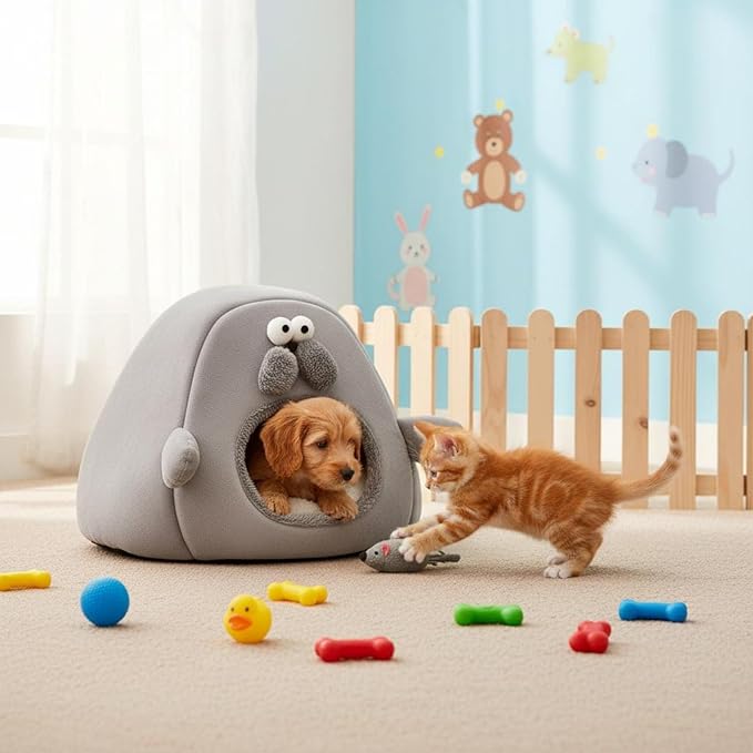 Small Pet Shelter Bed 2-in-1 Convertible Pet Tent House Soft Enclosed, Gray, M 36 36 36CM