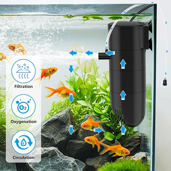 Submersible Aquarium Filter, 186GPH 4-Stage Fish Tank Filter Adjustable Air Flow Powerful Internal Filter for 25-45 Gallon Tank with Filtration Oxygenation Circulation (13W)