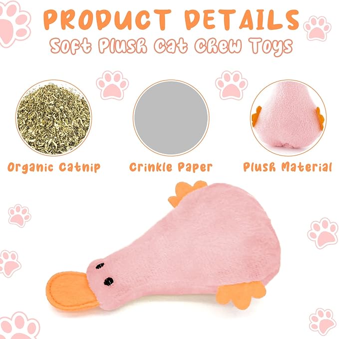 Andiker Cat Catnip Toys, 3Pcs Cat Interactive Toys for Indoor Cats, Soft Plush Kitten Kitten Toys with Crinkle Paper for Relieve Stress, Reduce Boredom, Teething (Duck)
