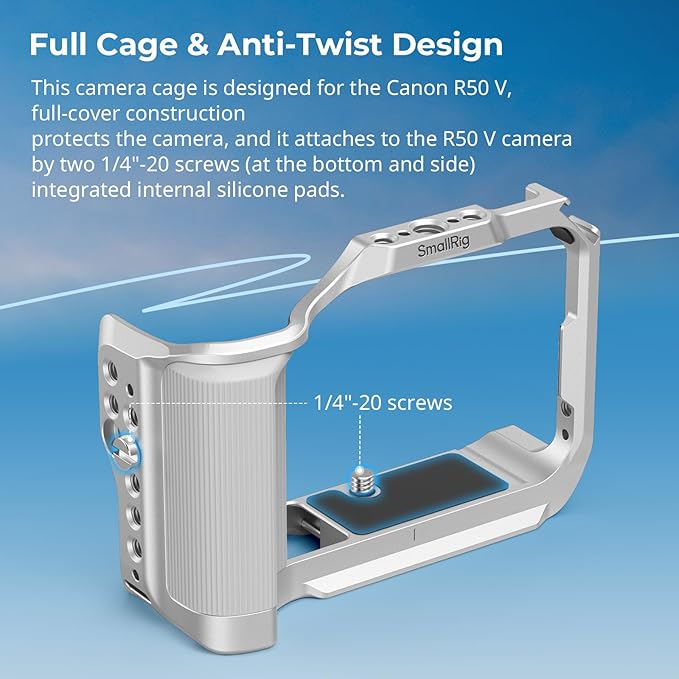 SmallRig R50 V Camera Cage for Canon R50V, Built-in Ergonomic Silicone Grip, QR Plate for Arca, 1/4"-20 Threaded Hole, 3/8"-16 Holes for ARRI, Cold Shoe, QD Sockets, Vertical Shooting(Silver)-5428