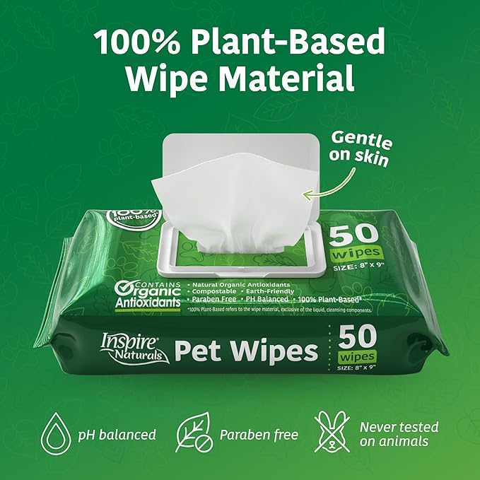 Inspire Naturals Pet Wipes for Dogs and Cats 100% Natural Plant Based with Organic Antioxidants, Dog Wipe Cleaning Deodorizing | Cat Wipes | Puppy Wipes | Dog Wipes for Paws and Butt (200ct - 4 Pack)
