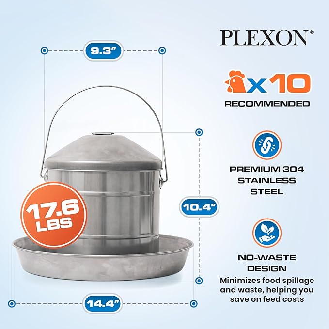 Plexon 17.6 Lb Stainless Steel Hanging Chicken Feeder no Waste Food-Grade Large - Turkey Duck Poultry Feeder for Chicken Metal - Heavy Duty Reliable Long-Lasting with Handle