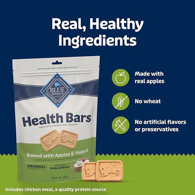Blue Buffalo Health Bars Crunchy Dog Biscuits, Oven-Baked with Natural Ingredients, Apples & Yogurt, 16-oz Bag, (Pack of 4)