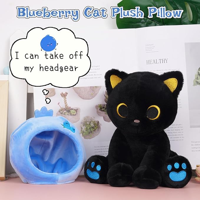 Black Cat Plush,8inch Blueberry Cat Stuffed Animals for Kids Cartoon Cats Plush, Cute Kitten Stuffy Gift for Kids Girl Boys Toddler Birthday