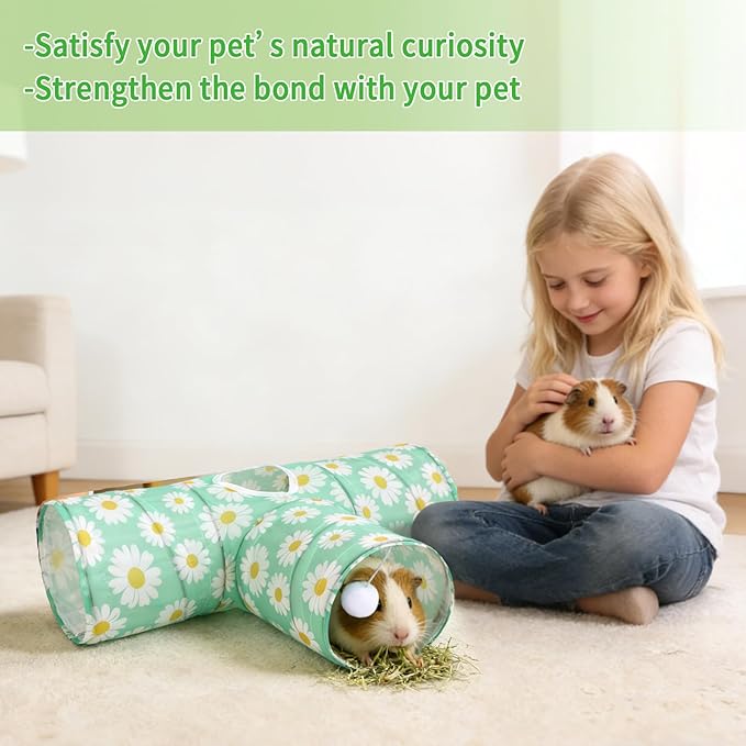 Rypet 3-Way Guinea Pig Tunnel, Collapsible Small Animal Enrichment Toy with Ball, Foldable Rabbit & Hamster Tunnel for Boredom Relief, Washable, Indoor/Outdoor Play