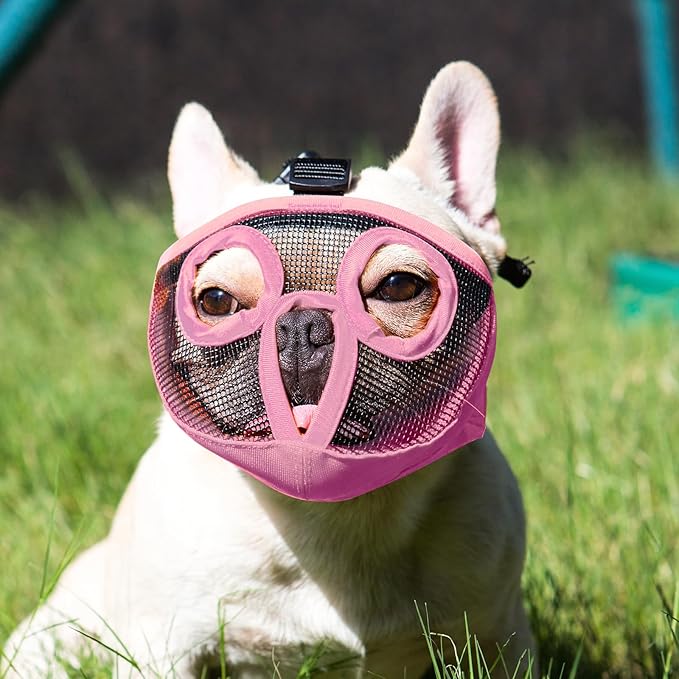 Short Snout Dog Muzzles- Adjustable Breathable Mesh Bulldog Muzzle for Biting Chewing Licking Training Grooming Dog Mask (Pink, Small/9"-12")