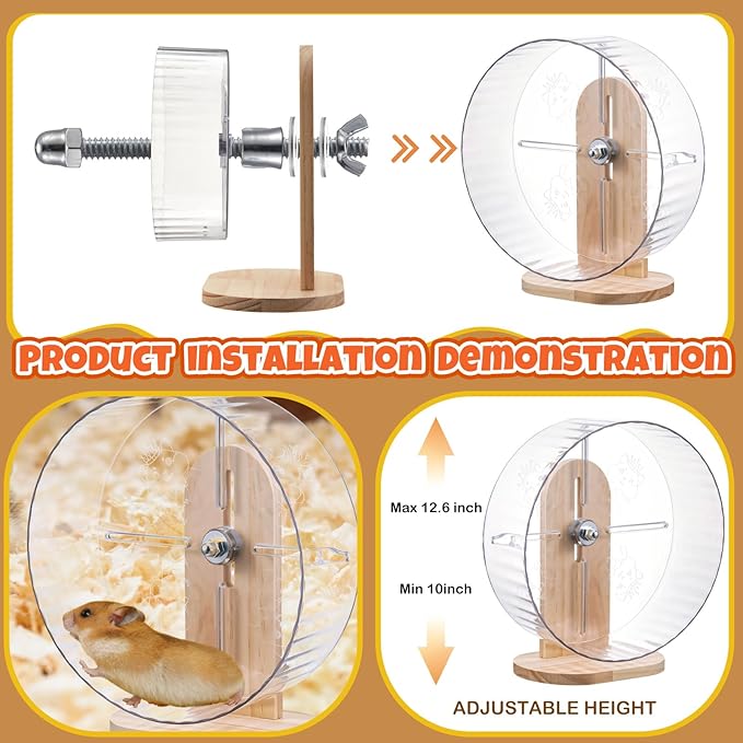 6 Pcs Hamster Toys Set, Maze Wood House, Climbing Ladder Wooden Bridge Tunnel Toy Platform Silent Exercise Running Wheels and Water Bottle Set for Rat Guinea Pig Habitat Cage(Basic)