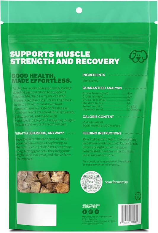 Get Joy Freeze Dried 100% Beef Kidney Dog Treats, 4oz | Single Ingredient Organ Meat, High Protein Raw Dog Food Topper, Snack & Training Rewards | Grain Free, Gluten Free, Filler Free