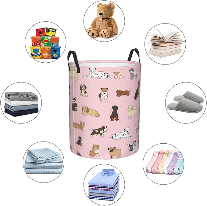 Cute Dogs Pink Round Laundry Hamper Storage Basket Toys Clothes Organizer Bin For Home Bathroom Bedroom Dorm Nursery, 38l