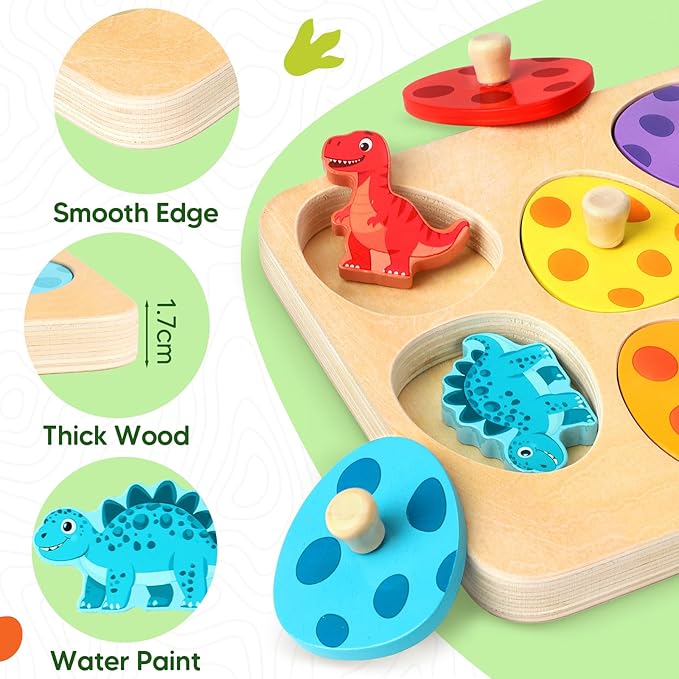 Wooden Puzzles for Toddlers 1-3, Dinosaur Matching Egg Puzzle Montessori Toys for 1 2 3 Year Old Boy Girl Gifts, Preschool Education Learning Toys