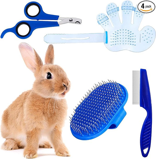 Patelai 4 Pieces Bunny Grooming Kit Rabbit Nail Clipper Rabbit Brush Hair Remover Shampoo Brush with Adjustable Ring Handle for Rabbits Guinea Pig Hamsters Puppy Kitten Hamster Ferret(Blue)